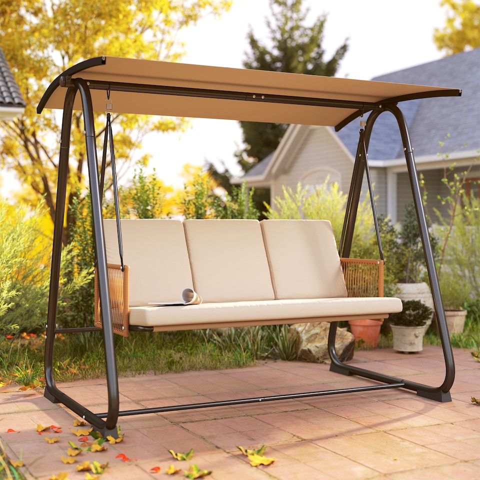image 1 of Outsunny 3 Seater Garden Swing Chair with Adjustable Canopy, Sand Brown | Brown | Sand Brown | L