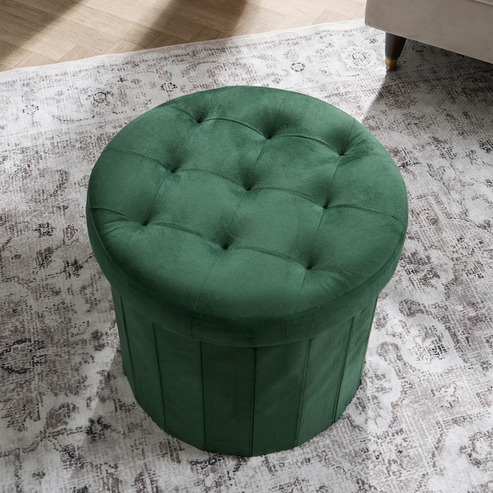 image 1 of OHS Matte Velvet Soft Round Foldable Footstool Seat Storage Organiser Ottoman | Green | Forest Green