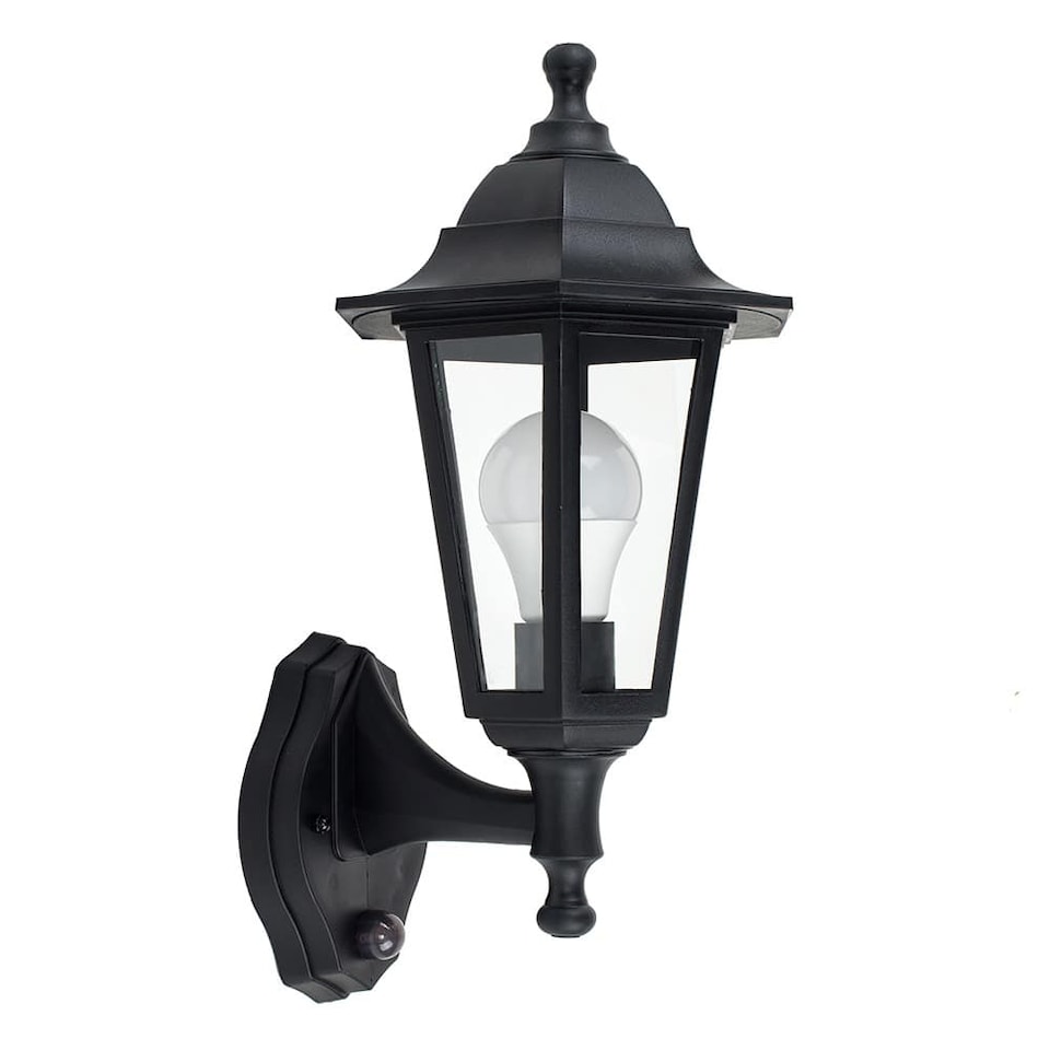 image 1 of ValueLights Black Outdoor Security PIR Motion Sensor IP44 Rated Wall Light Lantern - Complete with 1 x 6w LED ES E27 Bulb | Black