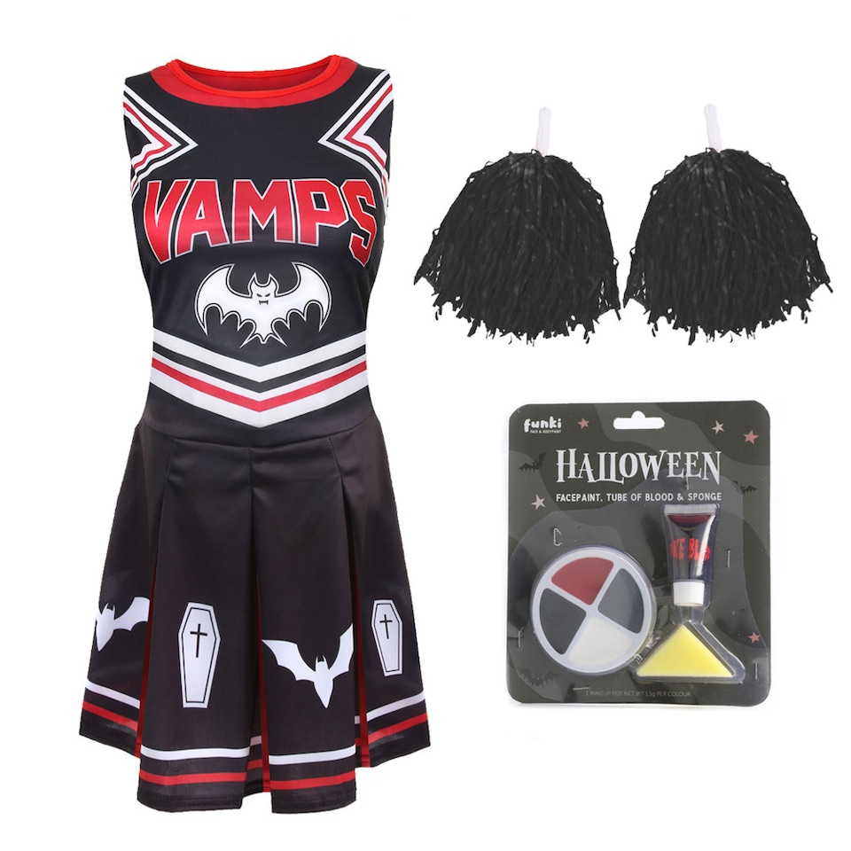 image 1 of Vampire Cheerleader Costume - Facepaint and Pom Poms | Black | XL