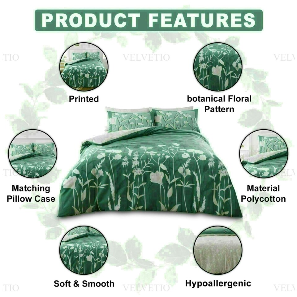 image 1 of Gigi Floral Printed Duvet Cover Set Reversible Polycotton Beddings Green | Double