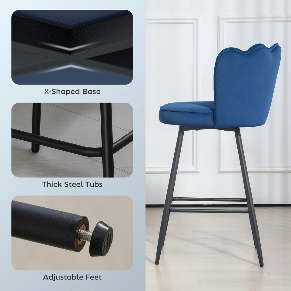image 1 of HOMCOM Set of 2 Barstools with Petal Backrest for Kitchen Island Dark Blue Blue
