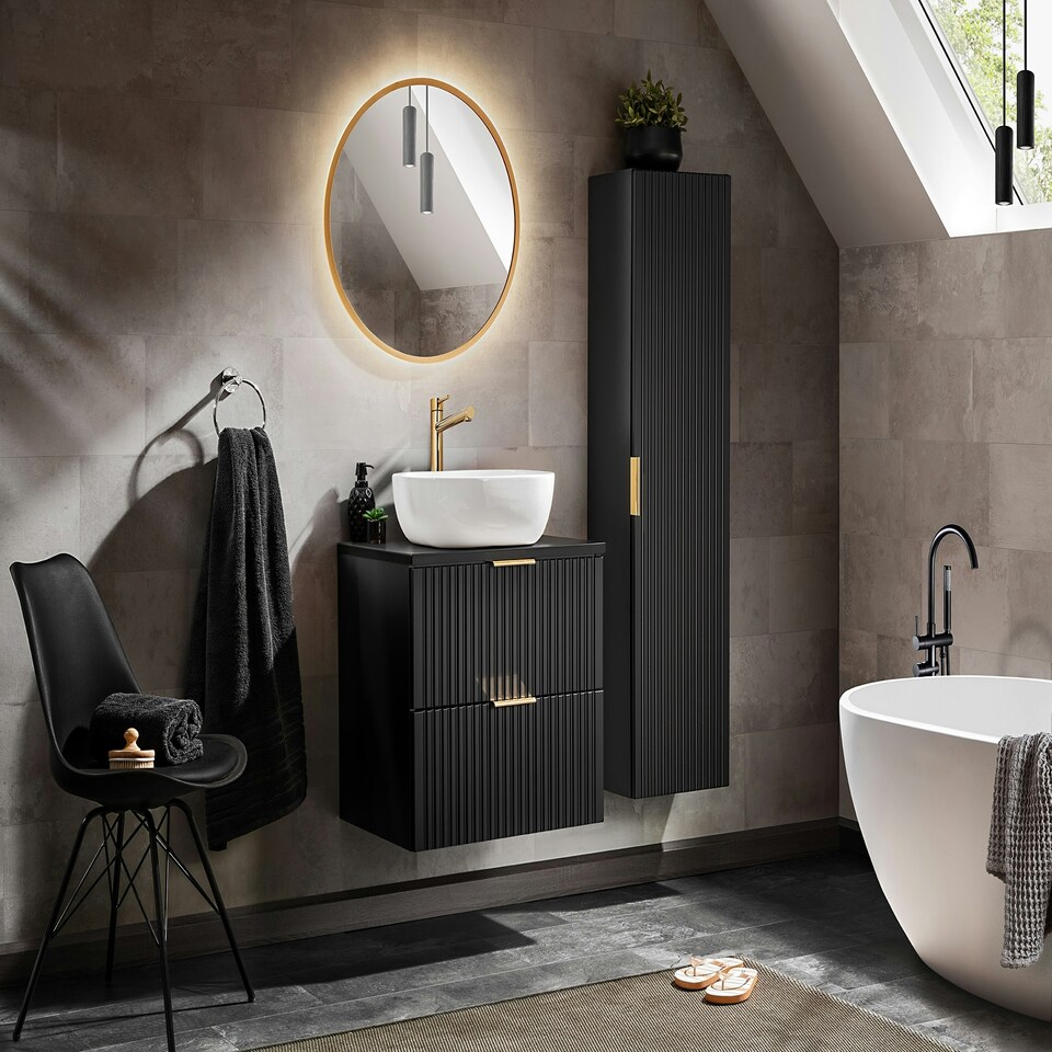 image 1 of Bathroom Furniture Set Black 600mm Vanity Countertop Unit + Tallboy Ribbed Wall Floating Cabinets - Adel