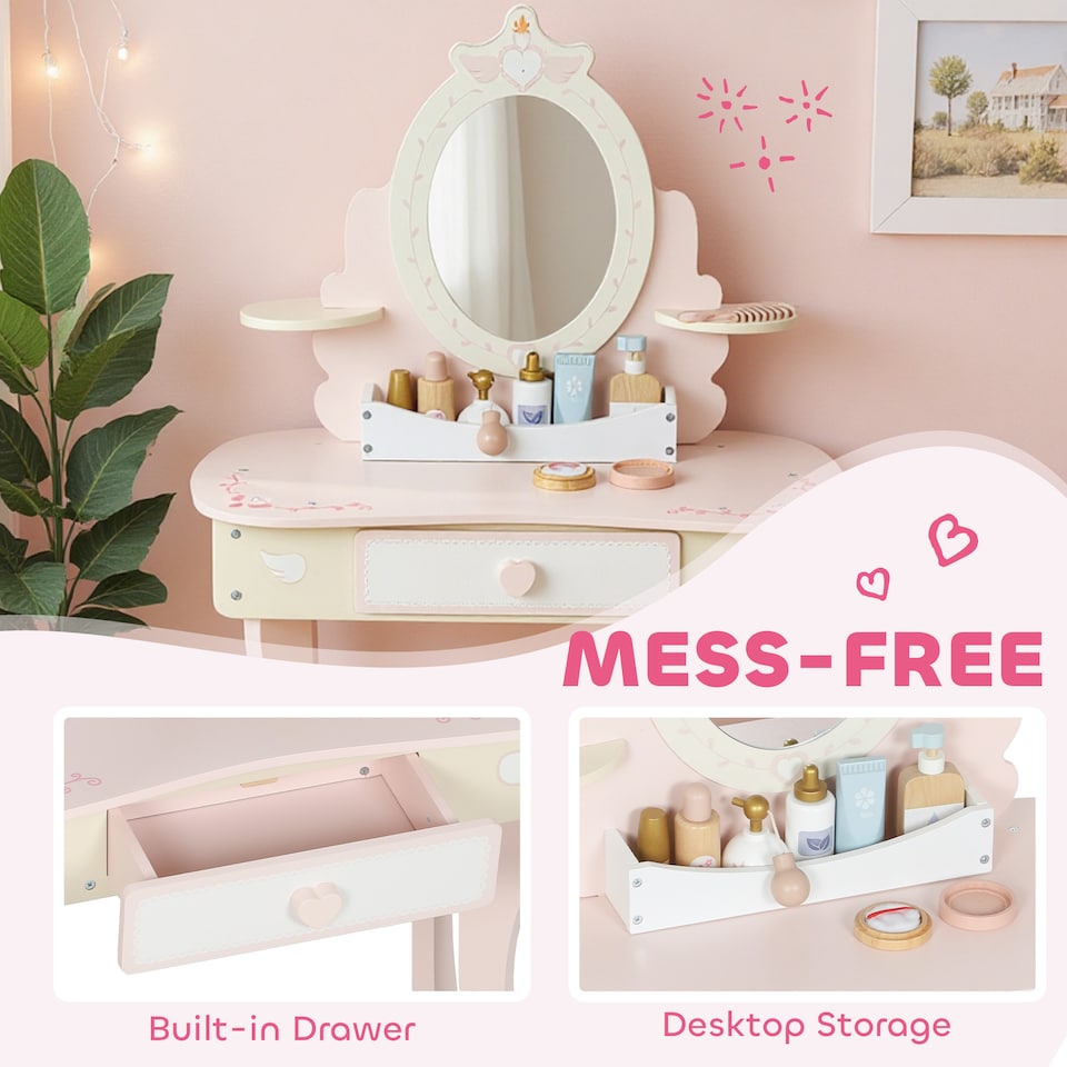 image 1 of AIYAPLAY Kids Dressing Table, Girls Vanity Set w/ Stool, 7 Play Accessories