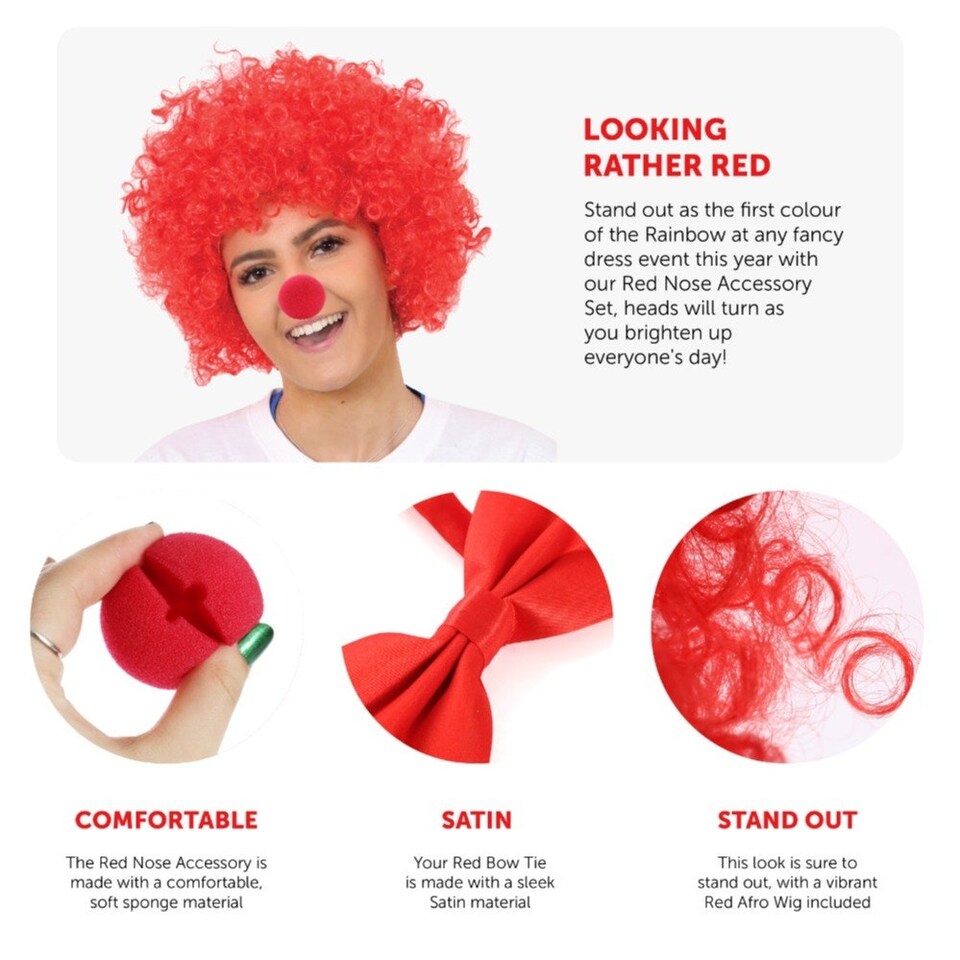 image 1 of 3 Piece Red Nose Set - Red Nose, Wig & Satin Bow Tie Red | One Size