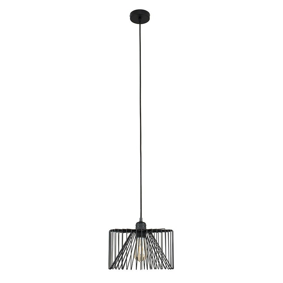 image 1 of ValueLights Casco Matte Black Pendant Light with Black Drum Shade and E27 Pear LED 4W Warm White 2700K Bulb