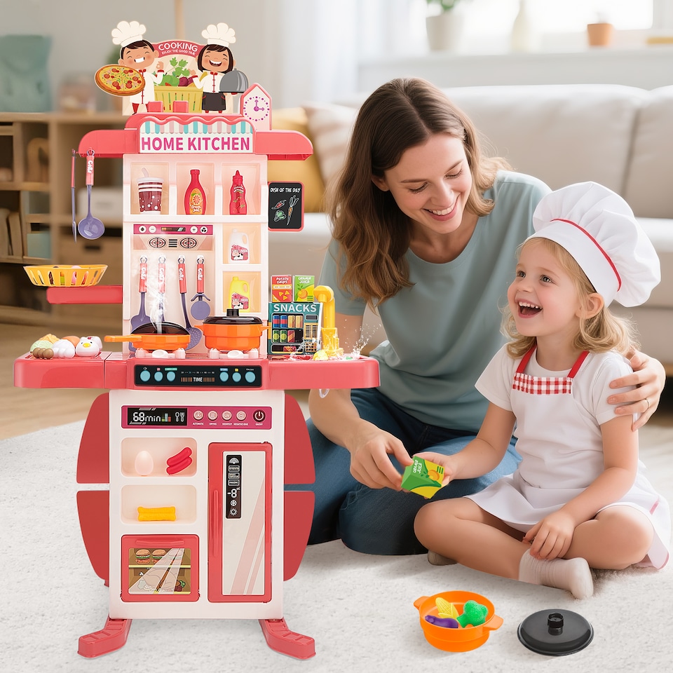 image 1 of Realistic Kitchen Play Set for Toddlers Steaming Spray Lights Cooking Sounds Pretend Role Play (Pink)
