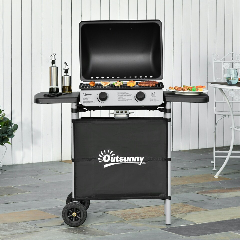 image 1 of Outsunny Propane Gas Barbecue Grill 2 Burner Cooking BBQ 5.6 kW w/ Side Shelves