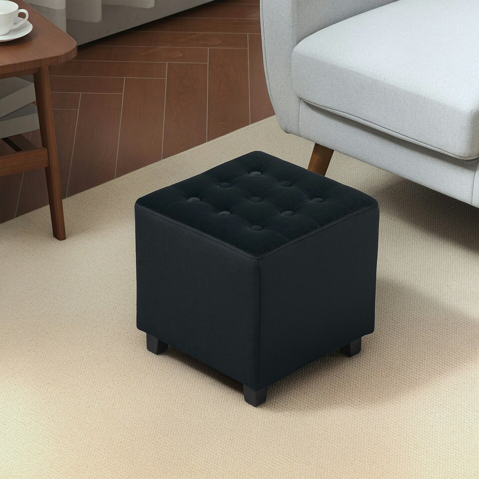 image 1 of HOMCOM Square Footstool Small Ottoman with Wood Legs for Bedroom Grey | Dark Grey