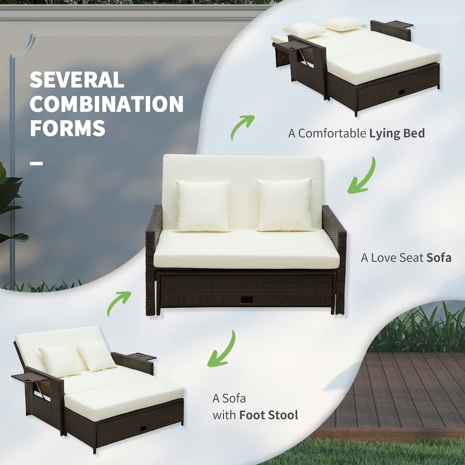 image 1 of Outsunny Garden Rattan Furniture Set 2 Seater Patio Sun Lounger Daybed Sun Bed