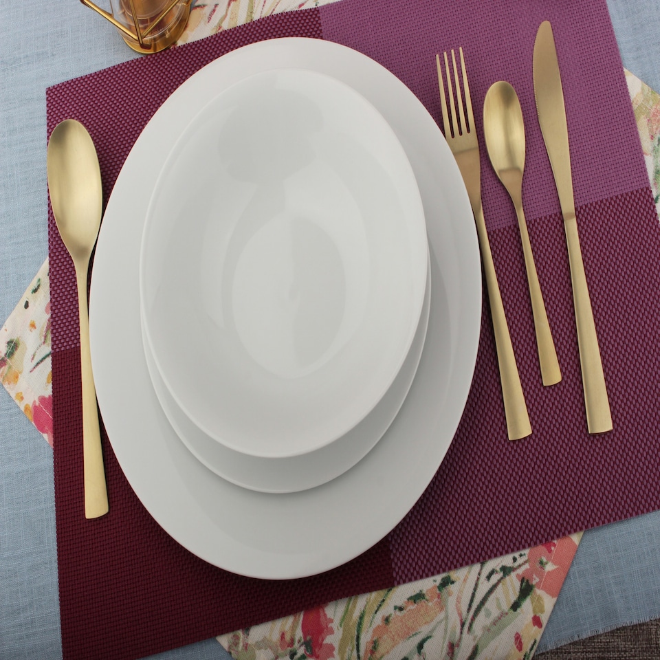 image 1 of Glim Glam Dinner Set Plates Bowls White Porcelain 18pc Set Rim
