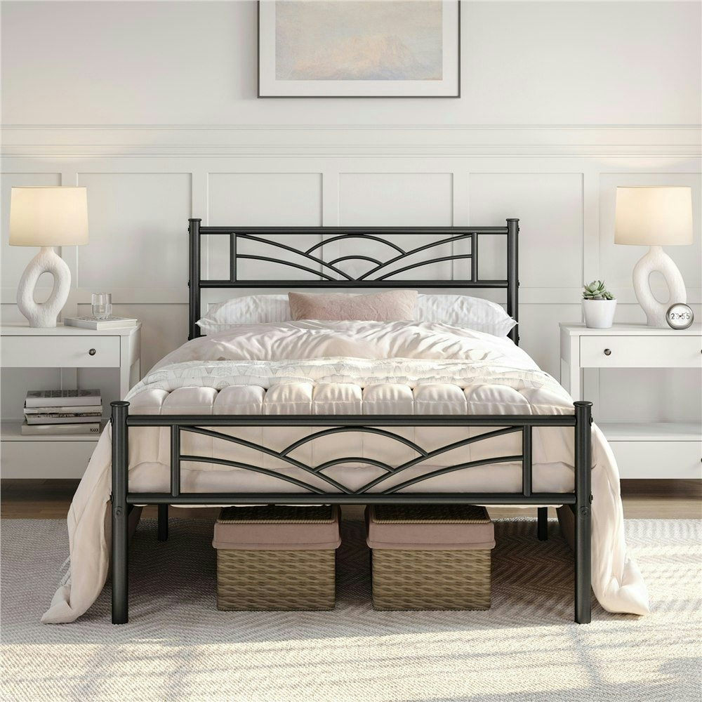 Yaheetech Metal Platform Bed Frame with Cloud-inspired Design Headboard Black, 3ft Single