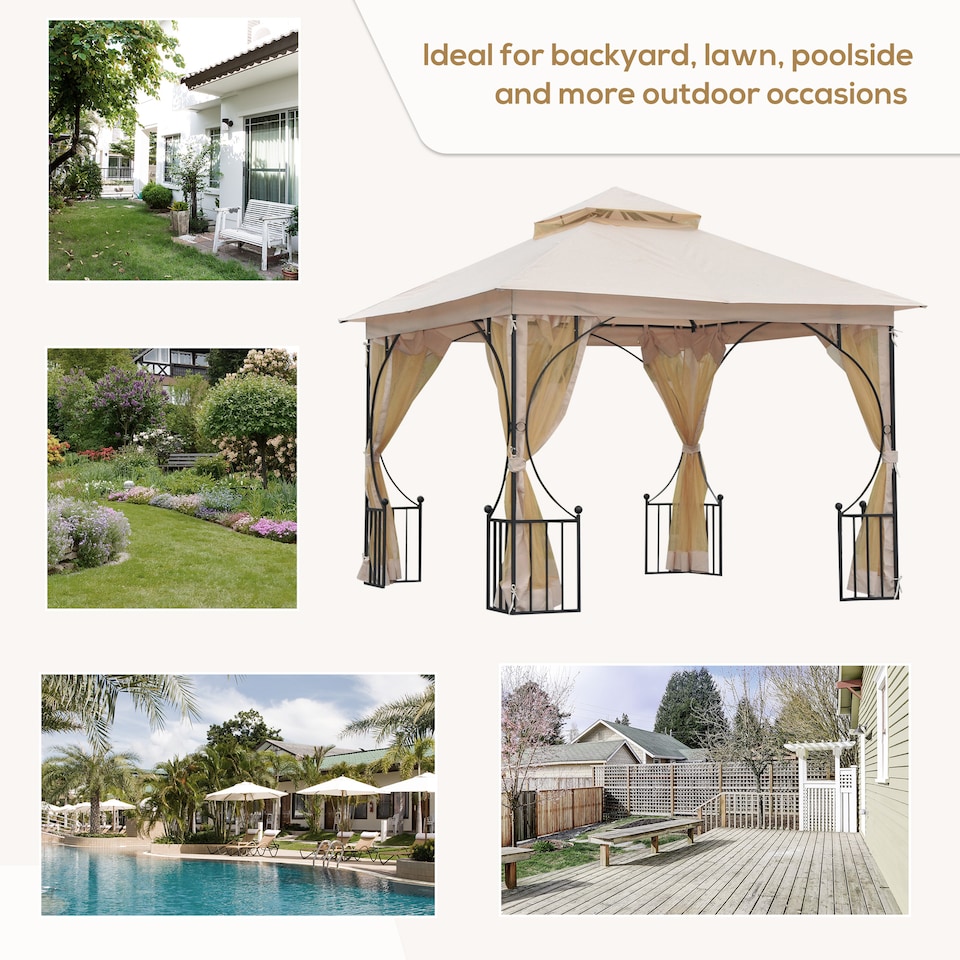 image 1 of Outsunny 3 x 3m Garden Gazebo Patio Party Tent Shelter Outdoor Canopy Double Tier Sun Shade with Metal Frame and Netting, Beige