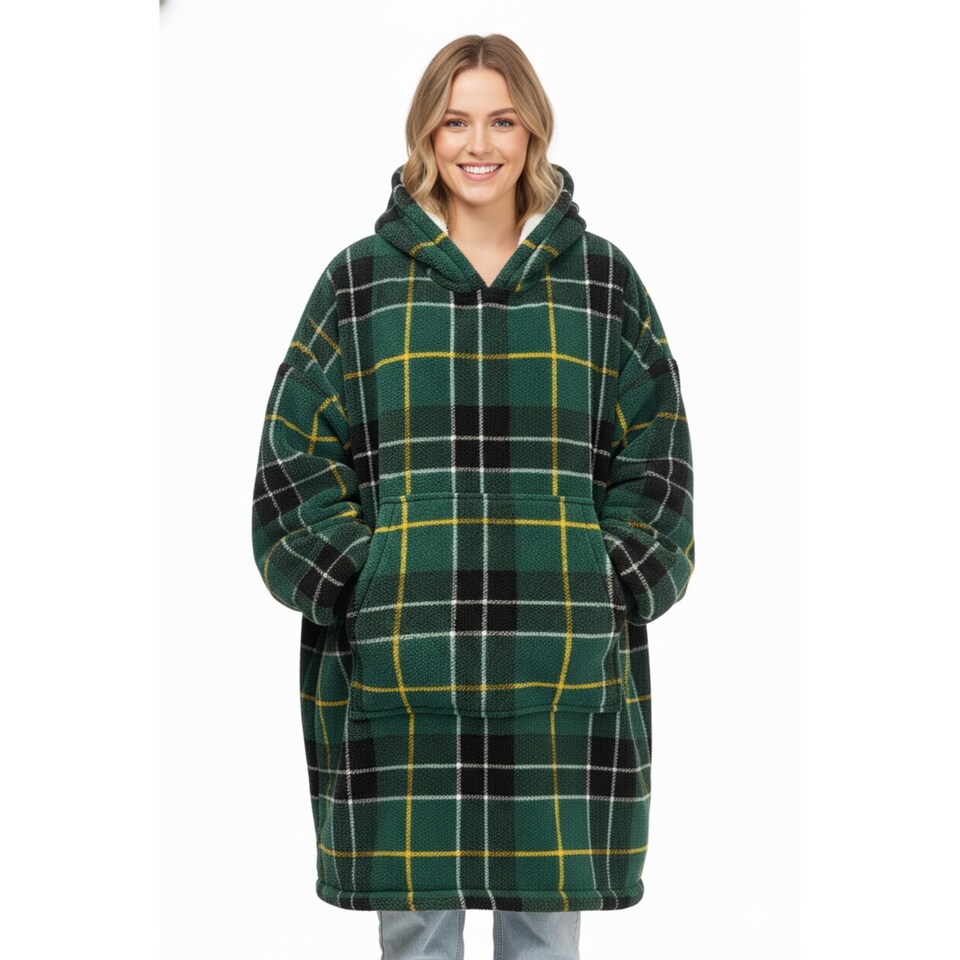 Unisex Tartan Check Fleece Hoodie Soft Warm Stylish Winter Loungewear | Green
