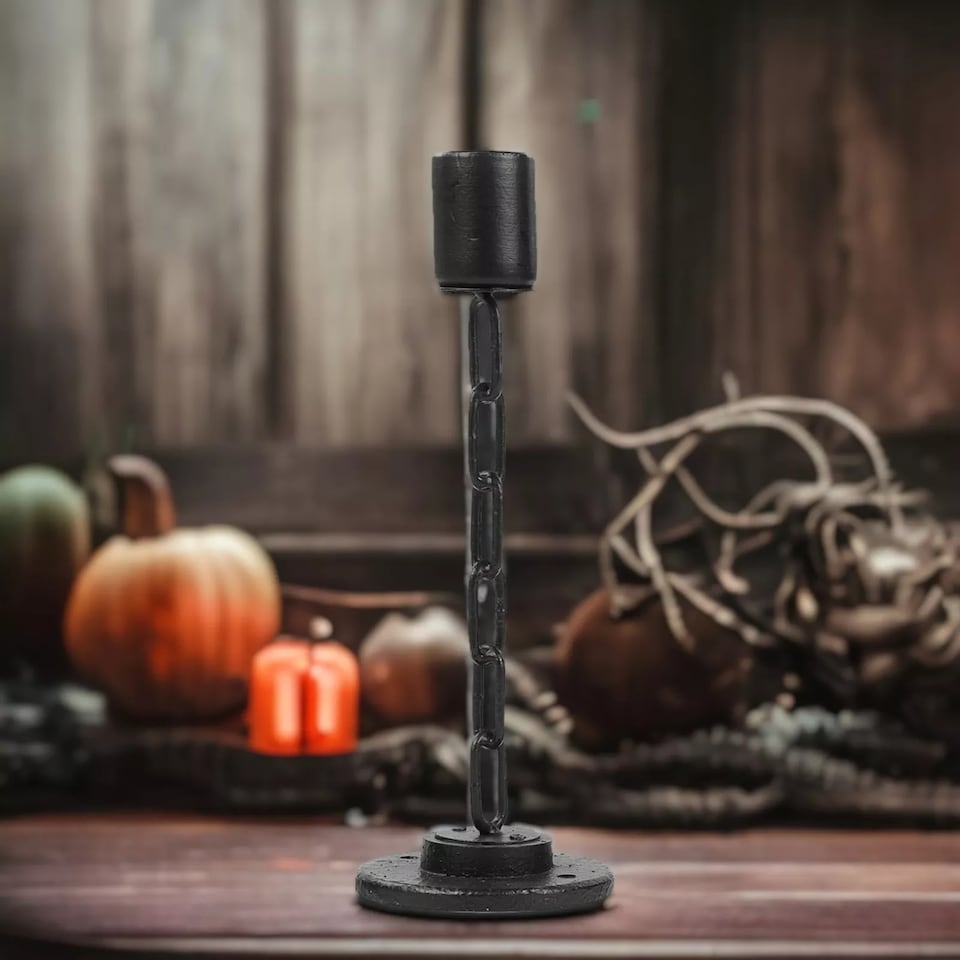 image 1 of Black Metal Chain Link Design Candle Holder With Wooden Stand Home Decor | Black | Black | Single - Large