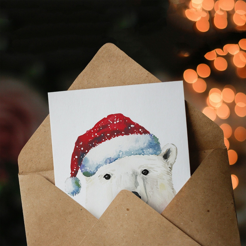 image 1 of Polar Bear Santa Hat Bright Festive Fun Xmas Art Blank Christmas Card