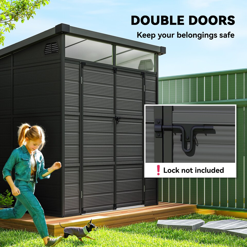image 1 of Outsunny 6 x 6ft Outdoor Storage Shed, Plastic Garden Shed with Windows and Air Vents, Outdoor Resin Tool Shed with Latch Doors for Garden, Deck, Dark Grey | Grey | 1