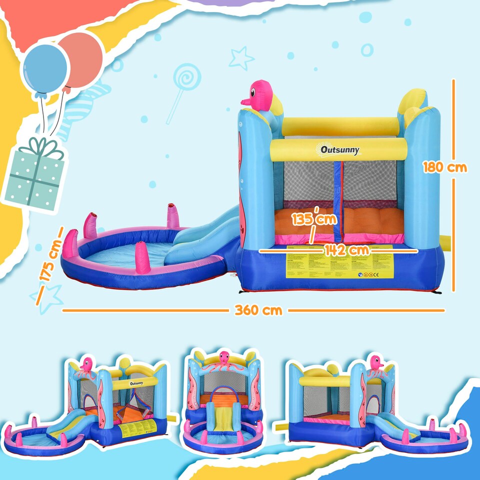 image 1 of Outsunny Bouncy Castle w/ Slide Water Pool Trampoline, Blower 3.6 x 1.75 x 1.8m