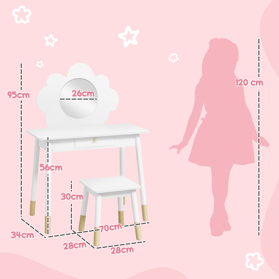 image 1 of AIYAPLAY Kids Dressing Table with Mirror, Stool, Drawer, Cloud Design, White | White