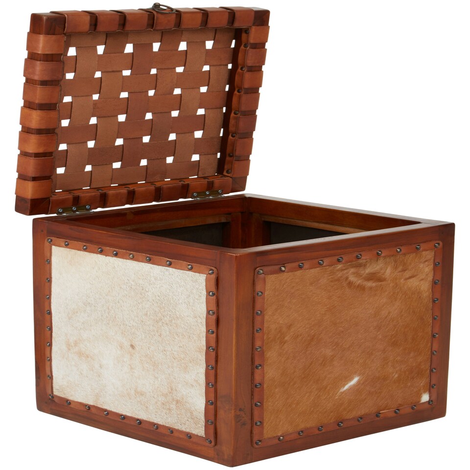 image 1 of Storage Stool With Metallic Stud Trim,Teak Wood Seat With Hair-on-Leather Base,Latticed Leather Top Stool Brown