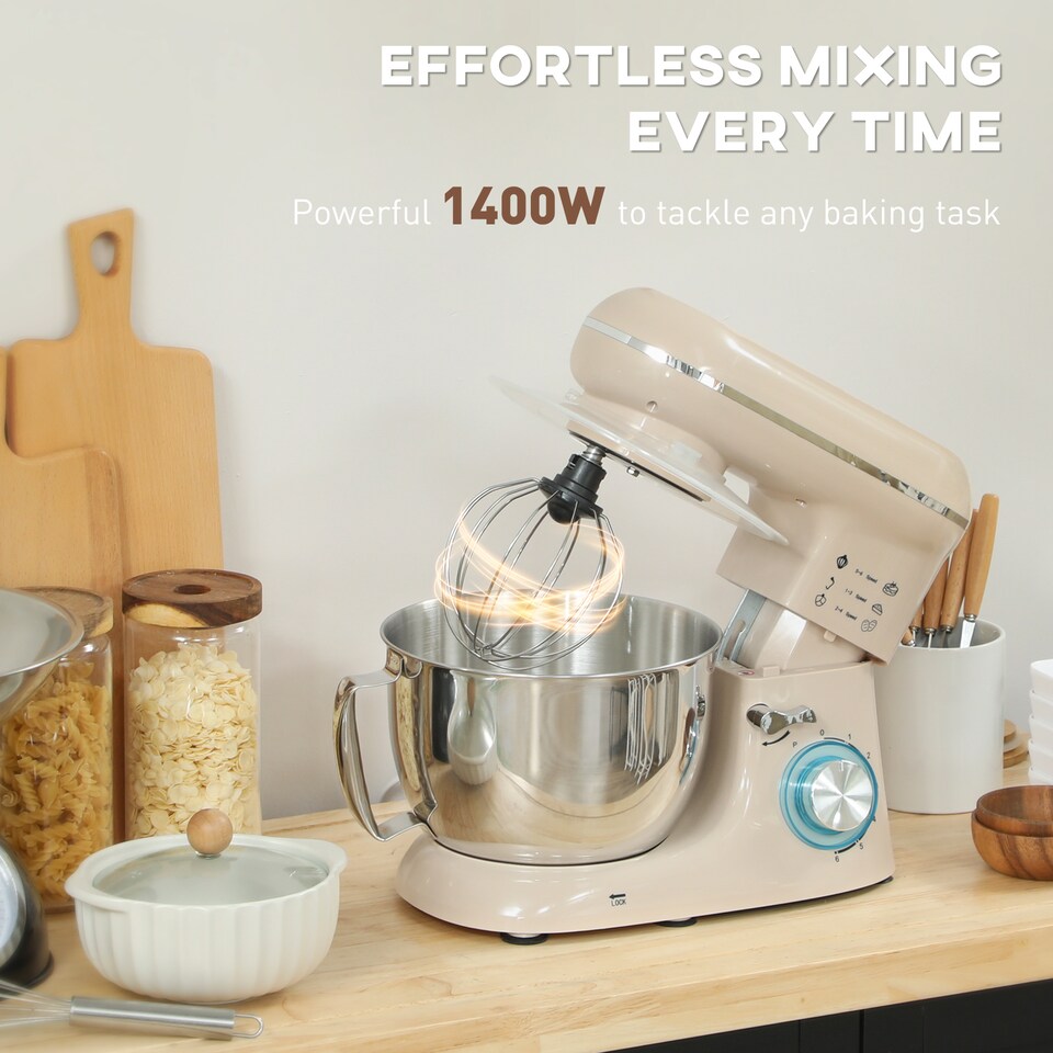 image 1 of HOMCOM Stand Mixer, 4.5L Food Mixer for Baking, 6 Speeds and Pulse Setting, 1300W Cake Electric Whisk with Dough Hook, Whisk, Stainless Steel Bowl, Splash Guard, Beater, Beige