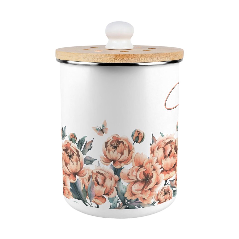 image 1 of Peach Peonies Compost Caddy - Metal 2L Decorative Kitchen Food Waste Bin