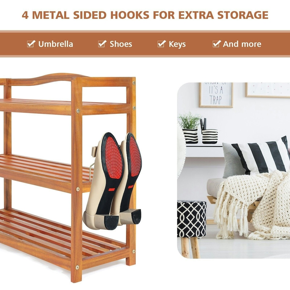 image 1 of COSTWAY 3-Tier Wood Shoe Rack Solid Shoe Storage Shelf Brown