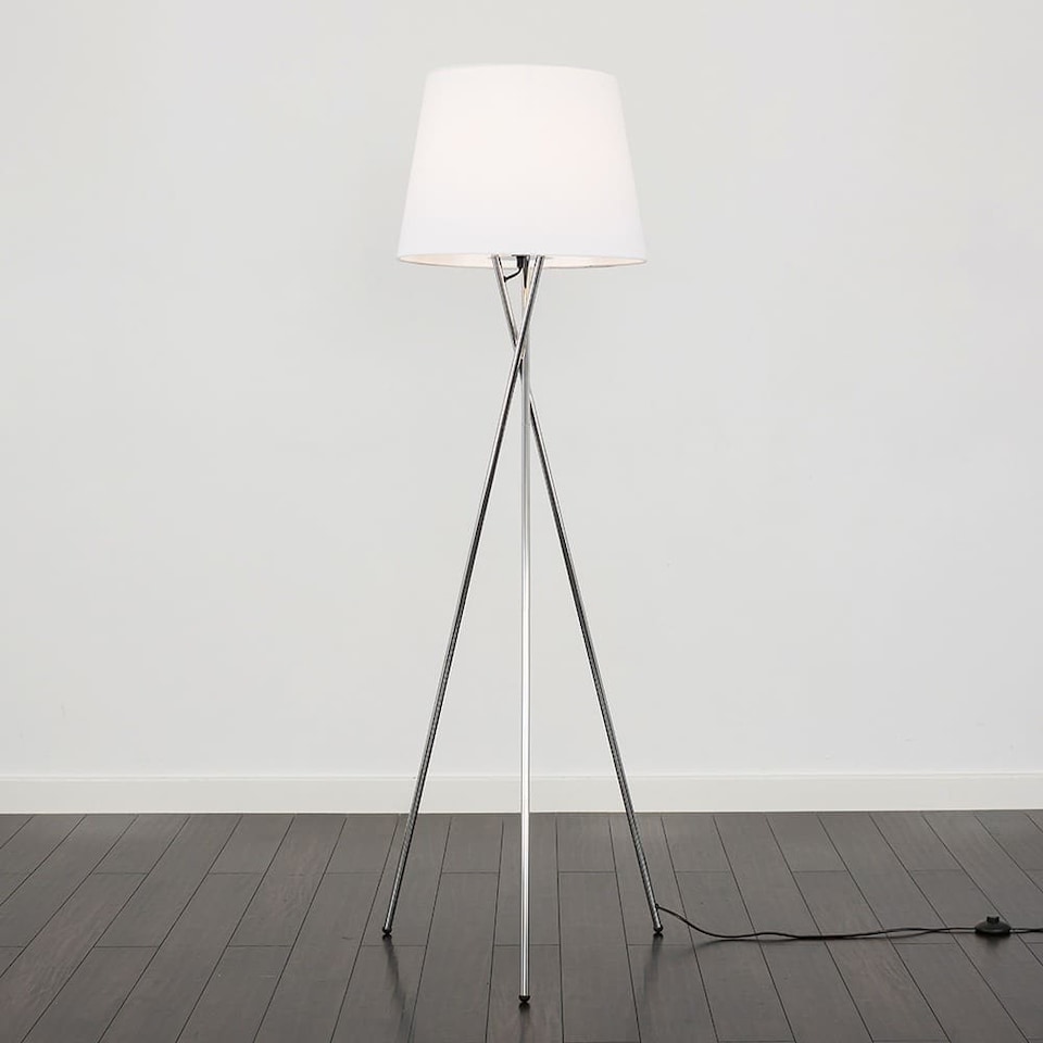image 1 of ValueLights Camden Chrome Tripod Floor Lamp White Taper Shade & Bulb | White