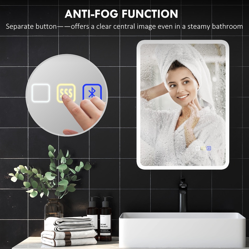 image 1 of HOMCOM 500 x 700 mm Backlit Illuminated Bathroom Mirror with LED Lights and Bluetooth, Wall Mounted Vanity Mirror with 3 Colours Dimmable, Anti-Fog, Memory Function, Touch Switch, IP44