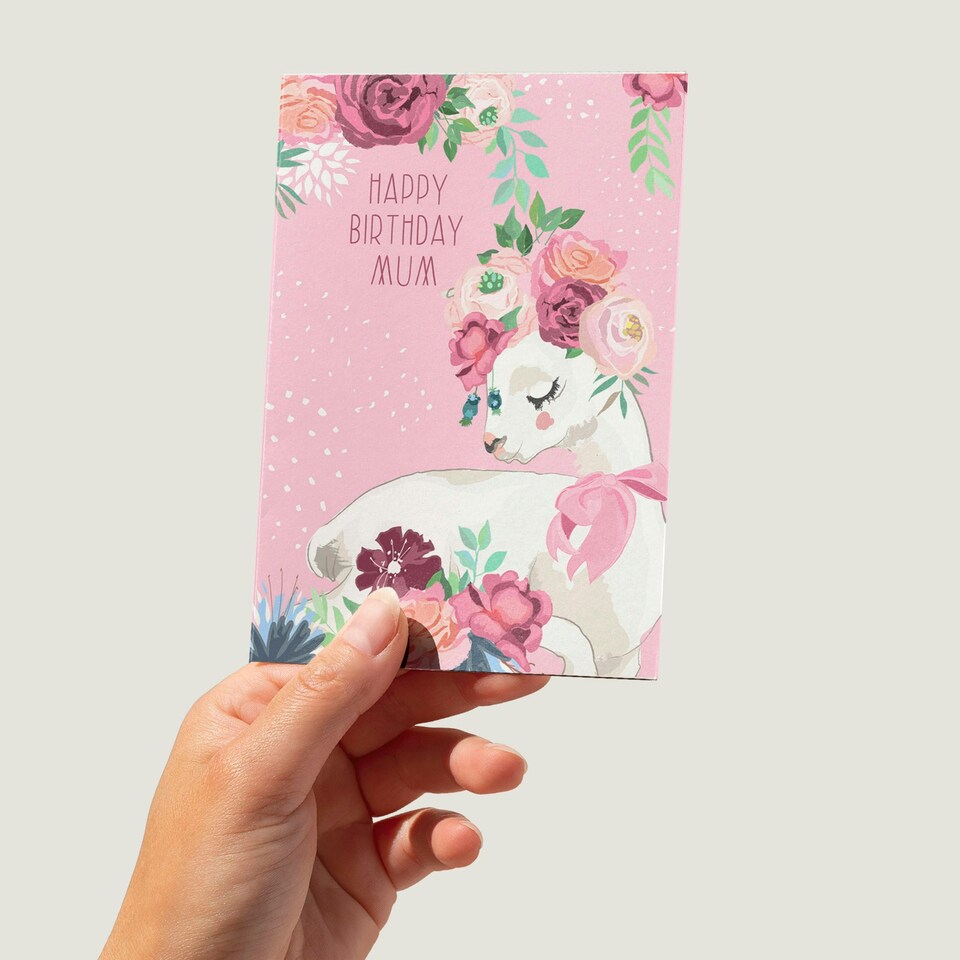image 1 of Pink Happy Birthday Mum Llama with Rose Flowers Greeting Card
