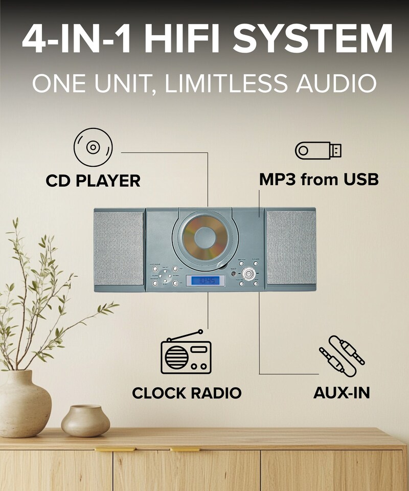 image 1 of CD Player with Speakers - HiFi System for Home with Radio, USB, MP3, Clock Alarm & Remote - Compact Stereo System with Wall Mount Design - Small CD Players for Home - GTMC-101
