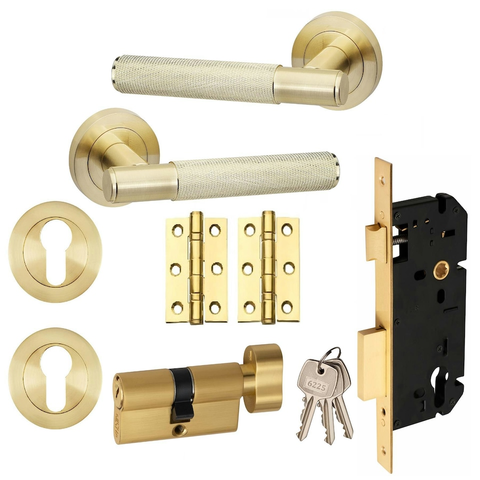 image 1 of Golden Grace 1 Set Knurled T-Bar Euro Lock Door Handle Set in Satin Brass Finish with Thumbturn Key and Ball Bearing Hinges Gold