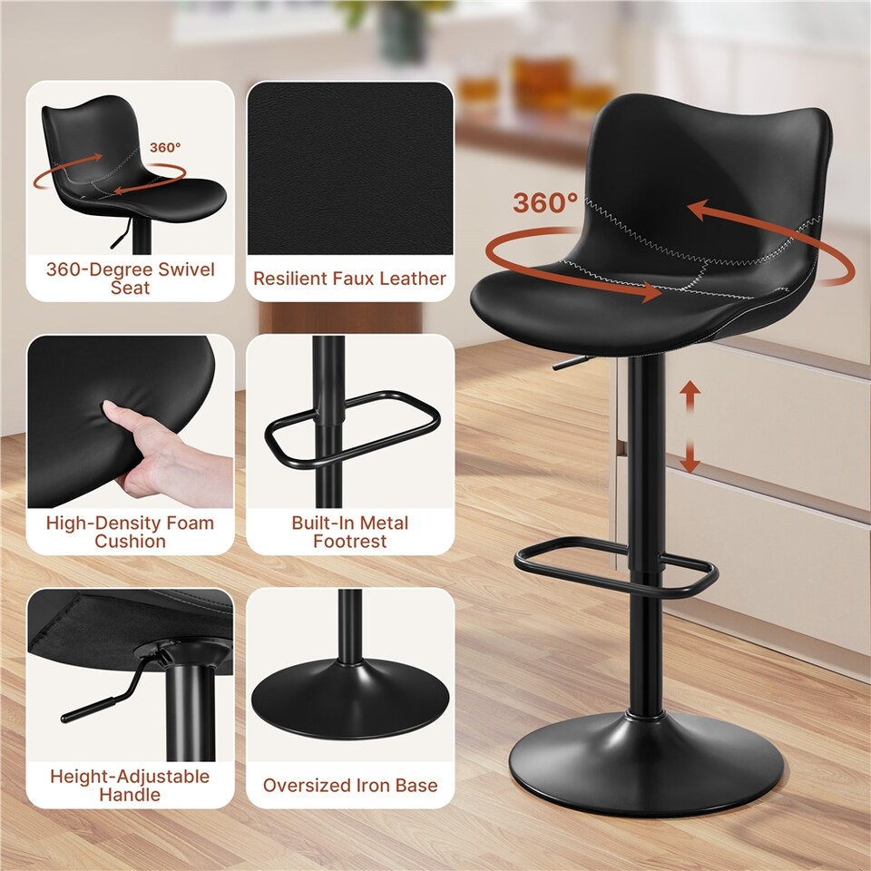 image 1 of Yaheetech 2pcs Height Adjustable PU Leather Bar Stools with Backrest and Footrest | Black | One Size