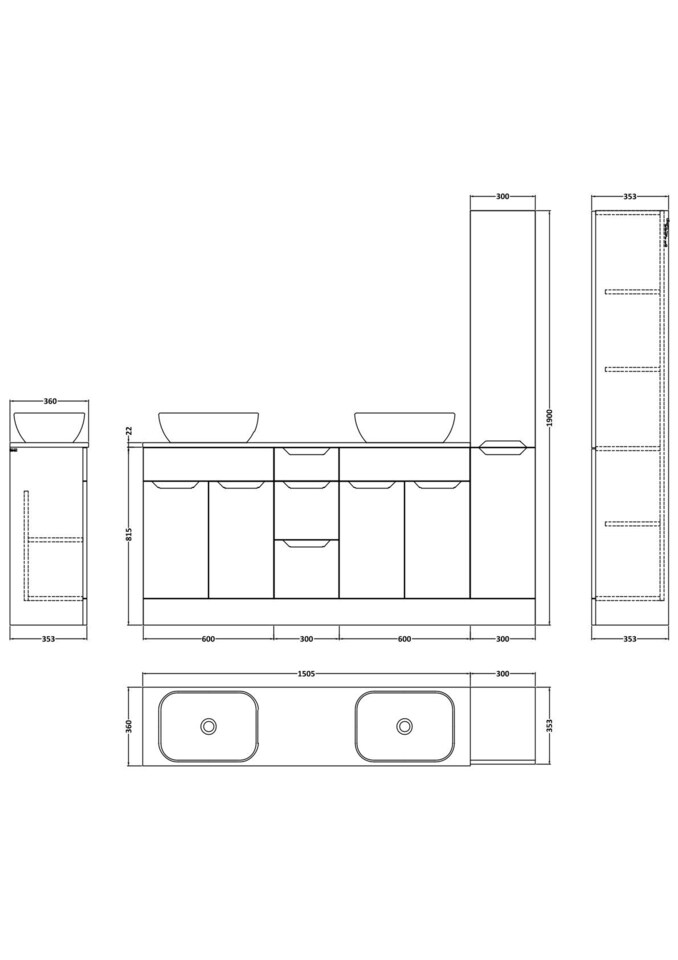 image 1 of Balterley Teddesley Floor Standing 4 Door 3 Drawer Vanity Combination Unit with Tall Unit, Laminate Worktop and Countertop Vessel, 1800mm, Pebble Grey