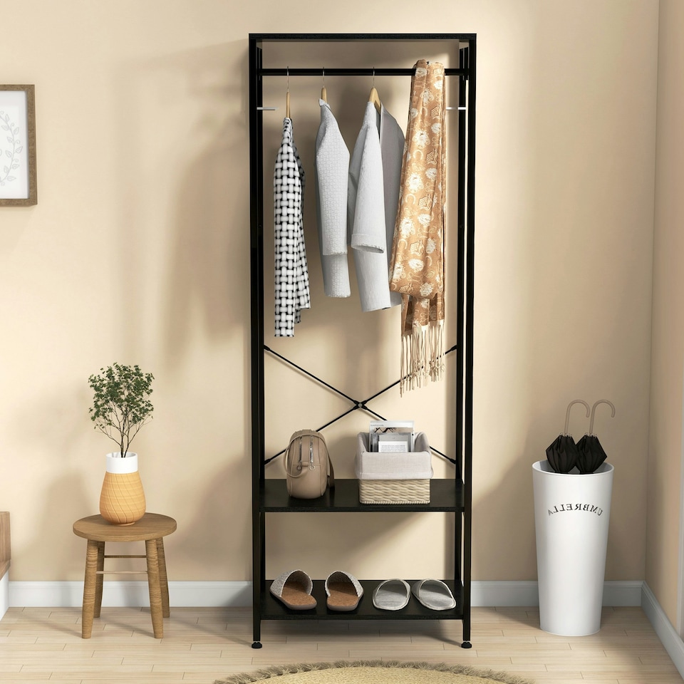 image 1 of HOMCOM Coat Rack, 2-in-1 Clothes Stand with Shoe Storage for Hallway, Black