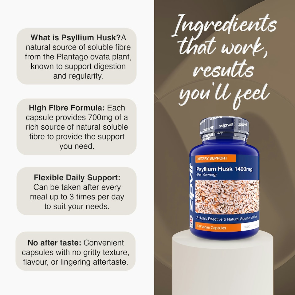 image 1 of Zipvit Psyllium Husk 1400mg, Natural High Strength Fibre Supplement, 120 Vegan Capsules
