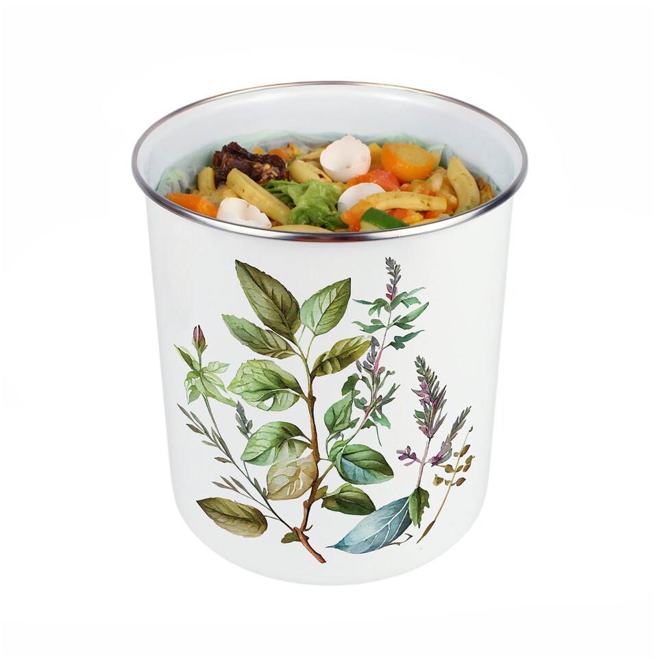 image 1 of Watercolour Herbs Food Waste Caddy - Metal 2L Decorative Kitchen Compost Bin