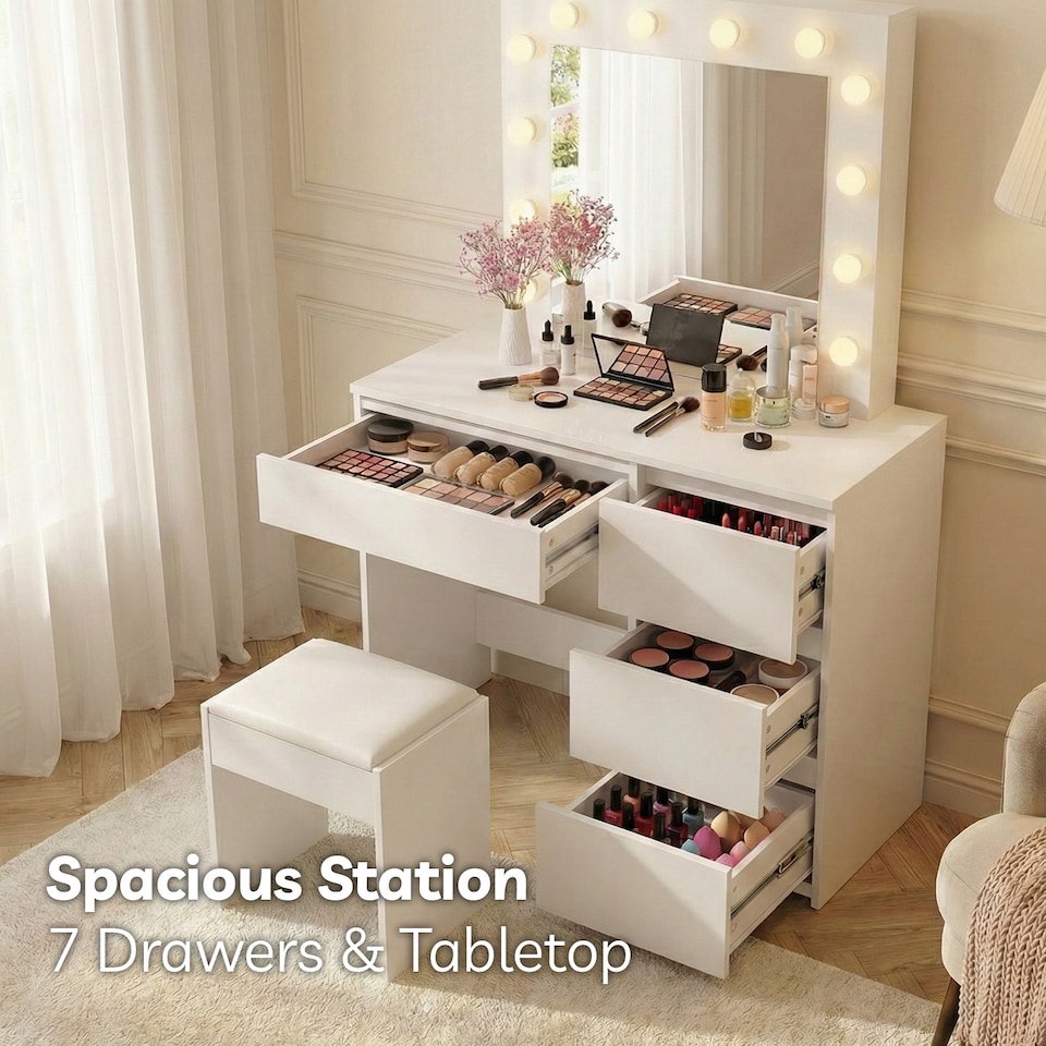 image 1 of Levede Dressing Table Vanity Set Stool Makeup LEDs Mirror Jewellery Organizer | White