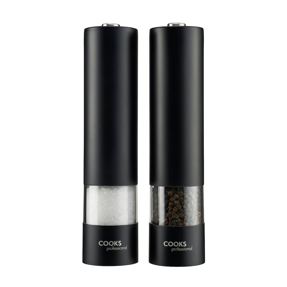 image 1 of Cooks Professional Electric Salt & Pepper Mill Set with Bamboo Base | Adjustable Grind Settings | Simple One-Button Operation | Matt Black / Bamboo