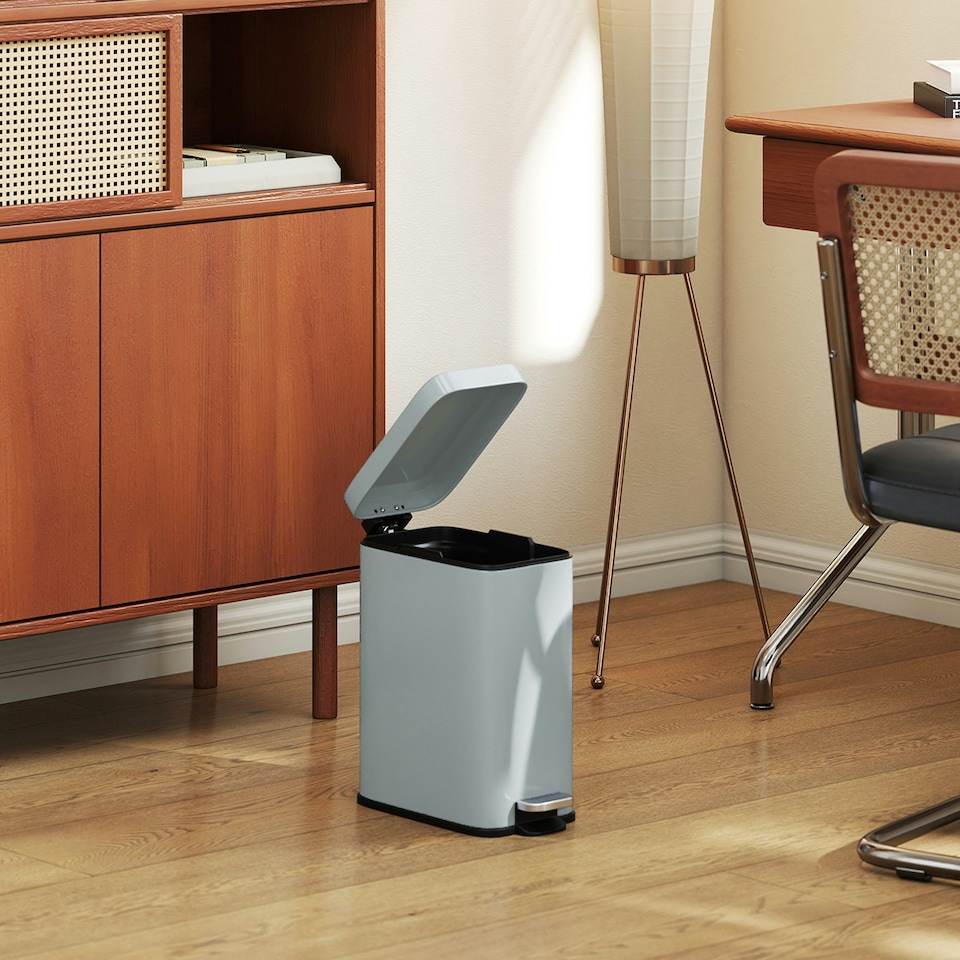 image 1 of HOMCOM 5L Rectangle Compact Bin Steel Body Inner Bucket Quiet-Close Lid w/Pedal | Grey | 5L | 1