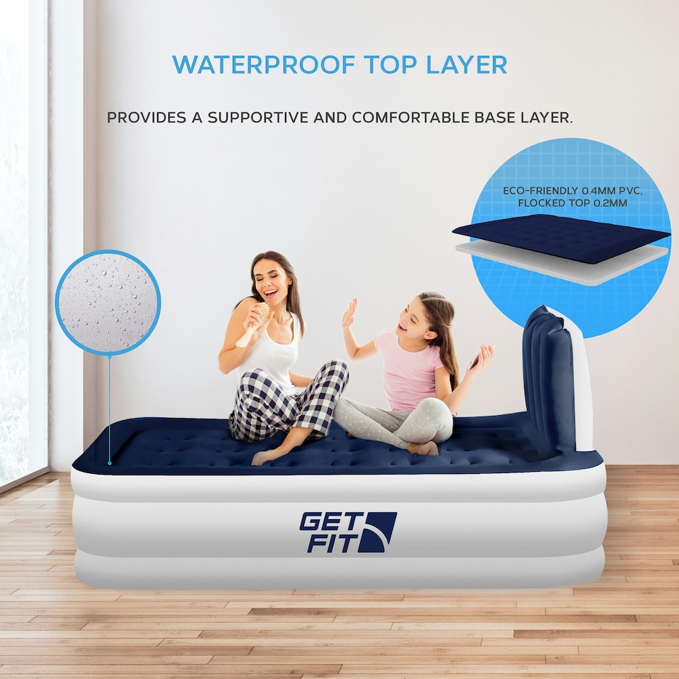 image 1 of Get Fit Air Bed With Built In Electric Pump - Premium Single Airbed - Quick Blow Up Bed With Headboard & Inflatable Pillow - Elevated Air Mattress- White/ Navy
