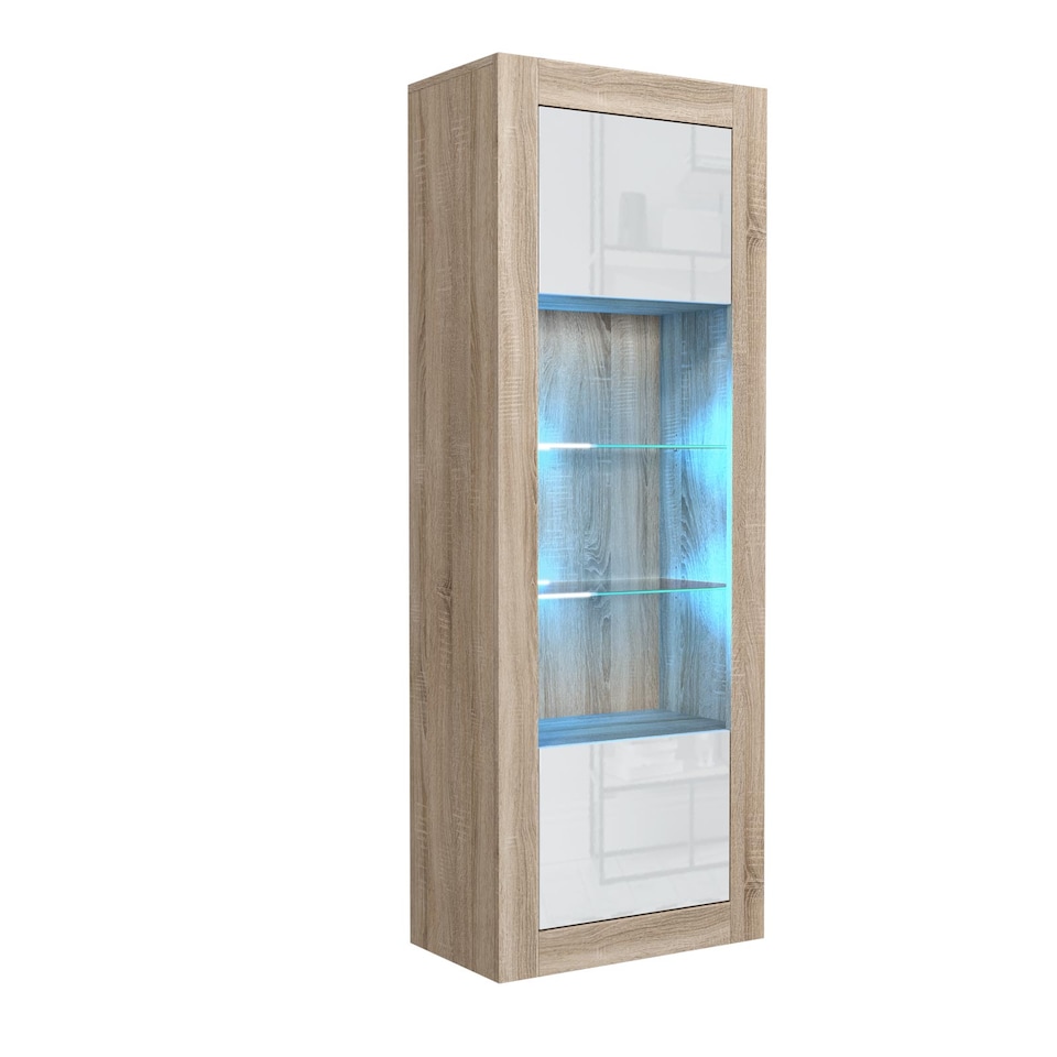 image 1 of Display Cabinet Bookcase Sideboard Storage Cabinet Cupboard Oak White High Gloss LED 170cm