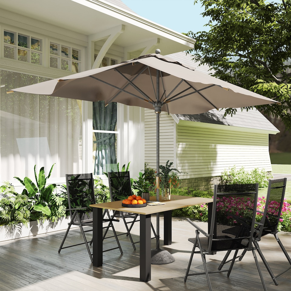 image 1 of Outsunny Garden Table with Parasol Hole, Slatted Metal Tabletop, Brown | Brown | Brown | 150L x 90W x 73H cm