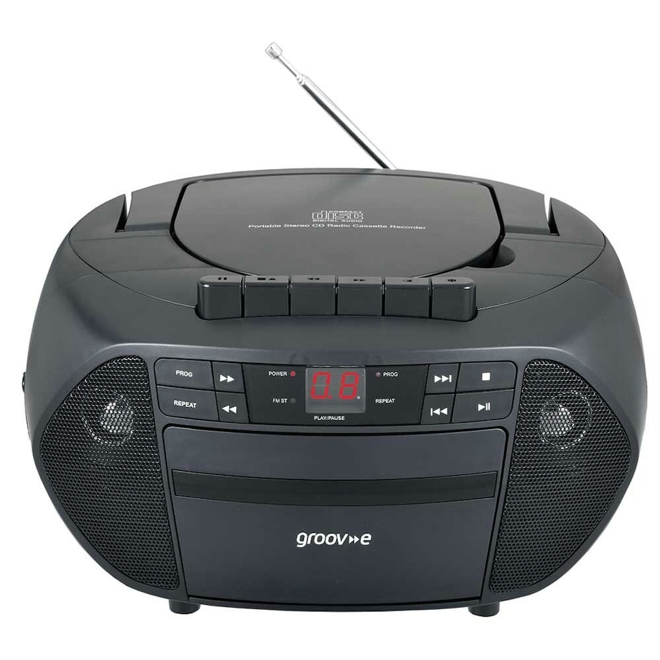 image 1 of Groov-e GVPS833/BK Traditional Boombox Portable CD & Cassette Player with Radio - Black