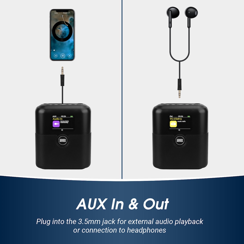 image 1 of Rechargeable Bluetooth Speaker with DAB/DAB+/FM Radio, Dual Alarm Clock, Colour LCD Screen for Bedside, Kitchen, Office, or Outdoors– August MB330B