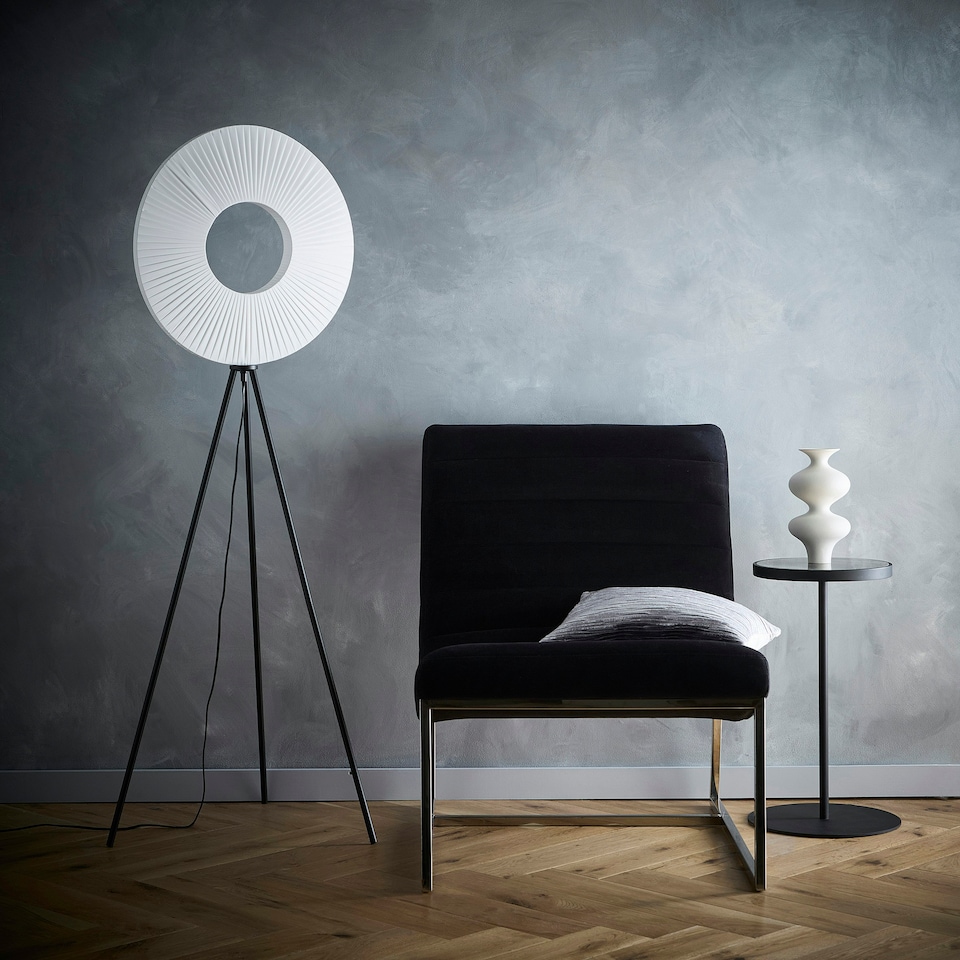 image 1 of Riley LED Tripod Floor Lamp White Fabric Shade and black tripod legs Black