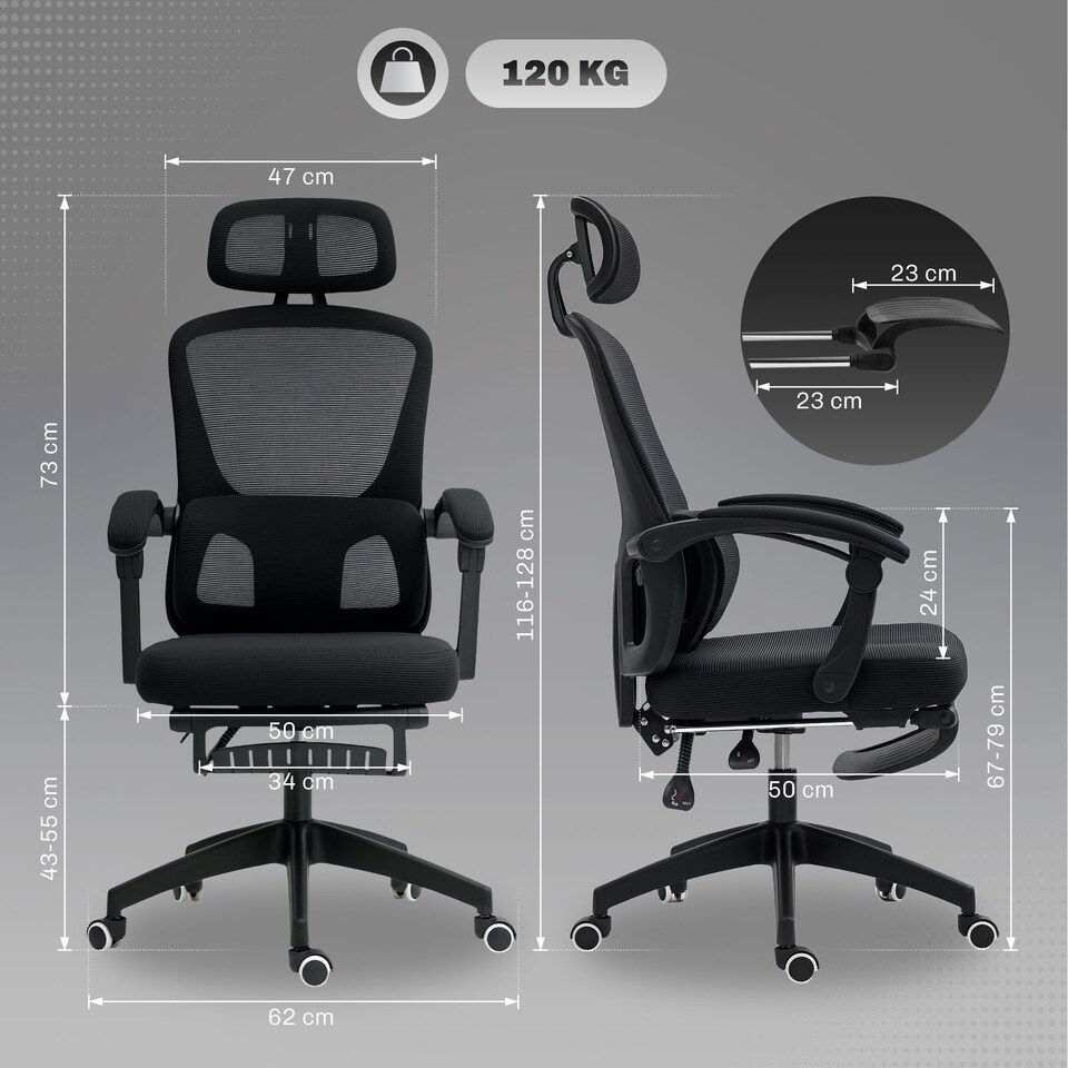 image 1 of HOMCOM Ergonomic Office Chair, Mesh High Back Desk Chair with Adjustable Lumbar Support and Headrest, Footrest, Reclining Executive Swivel Computer Chair for Home Study, Black | Black