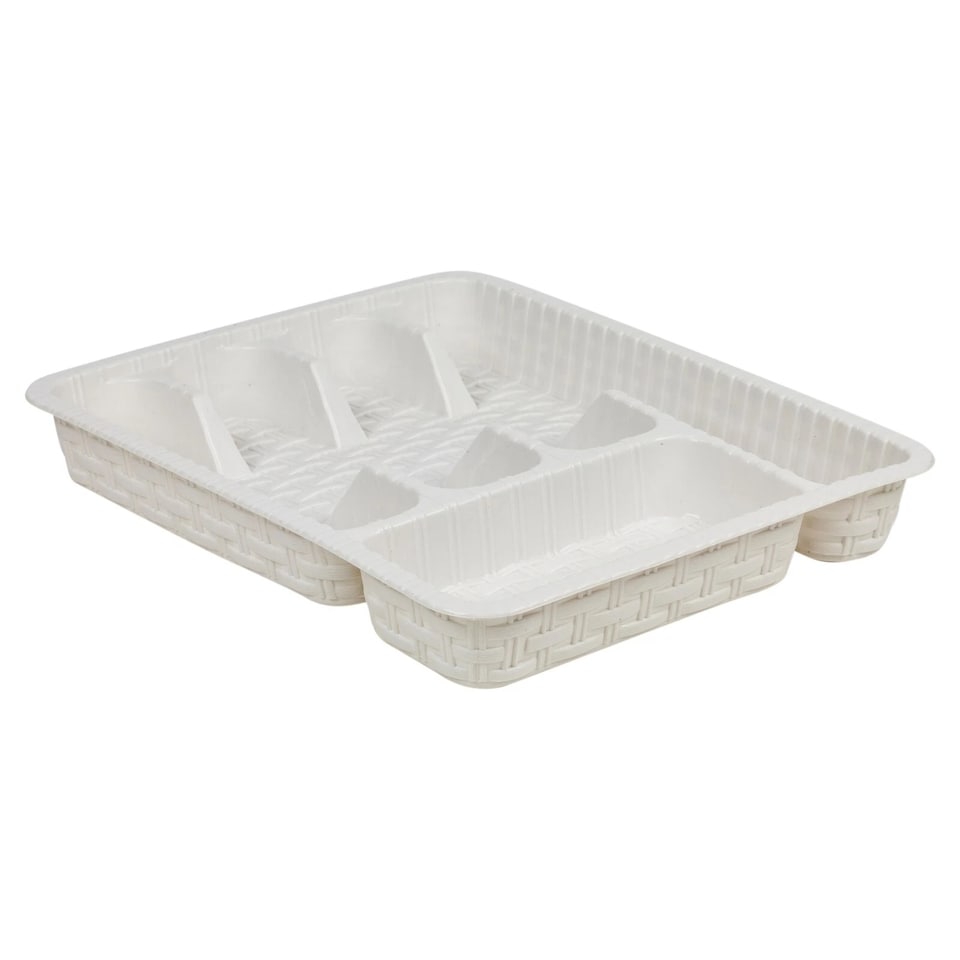 image 1 of Plastic Woven Rattan Cutlery Utensils Holder Flatware Drawer 5 Section Organiser | White | White