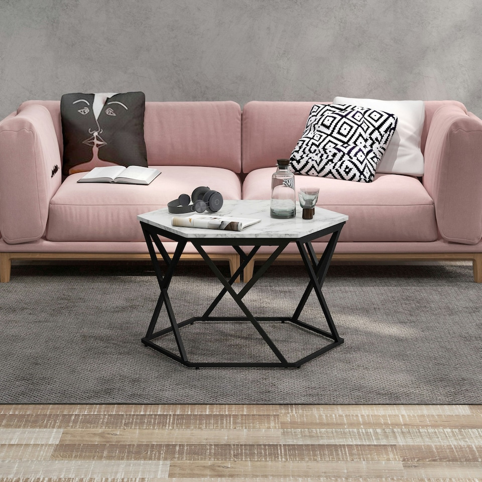 image 1 of HOMCOM Coffee Table Cocktail Table with High Gloss Marble Top Steel Frame White White