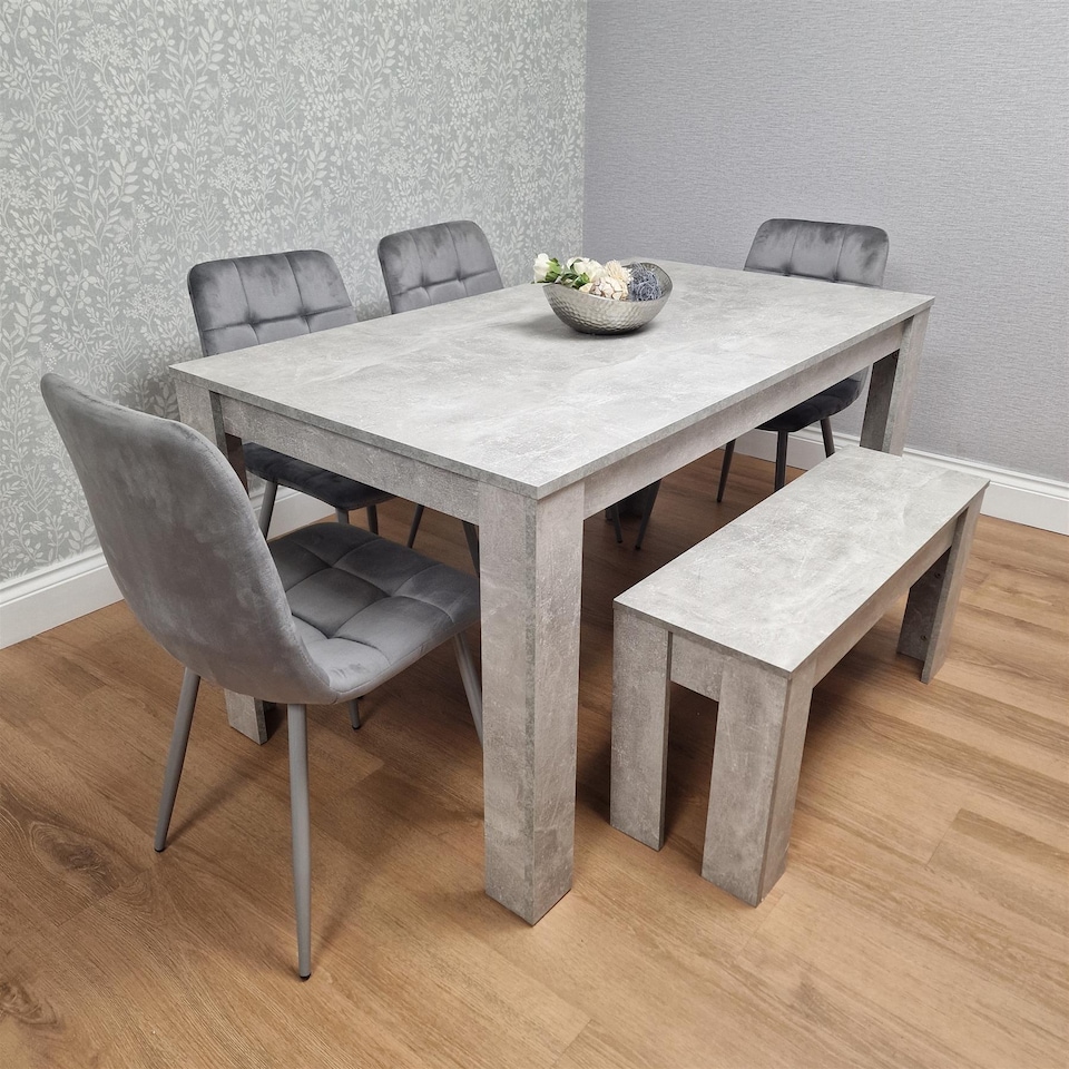 image 1 of Modern Grey Dining Table Set with 4 Grey Velvet Chairs and 1 Bench - Dining Room Furniture Set | Grey | One Size | 6